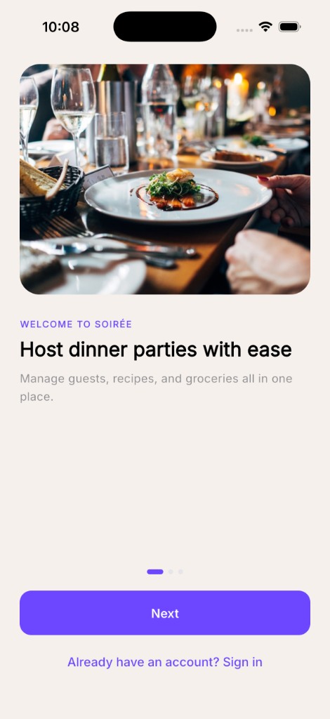 Soiree app onboarding screen showing a dinner party table and hosting message